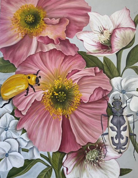 Art featuring pink flowers with bugs