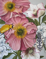 Art featuring pink flowers with bugs