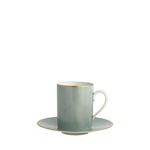 Celadon green tea cup with gold rim and matching saucer, smooth glossy finish.