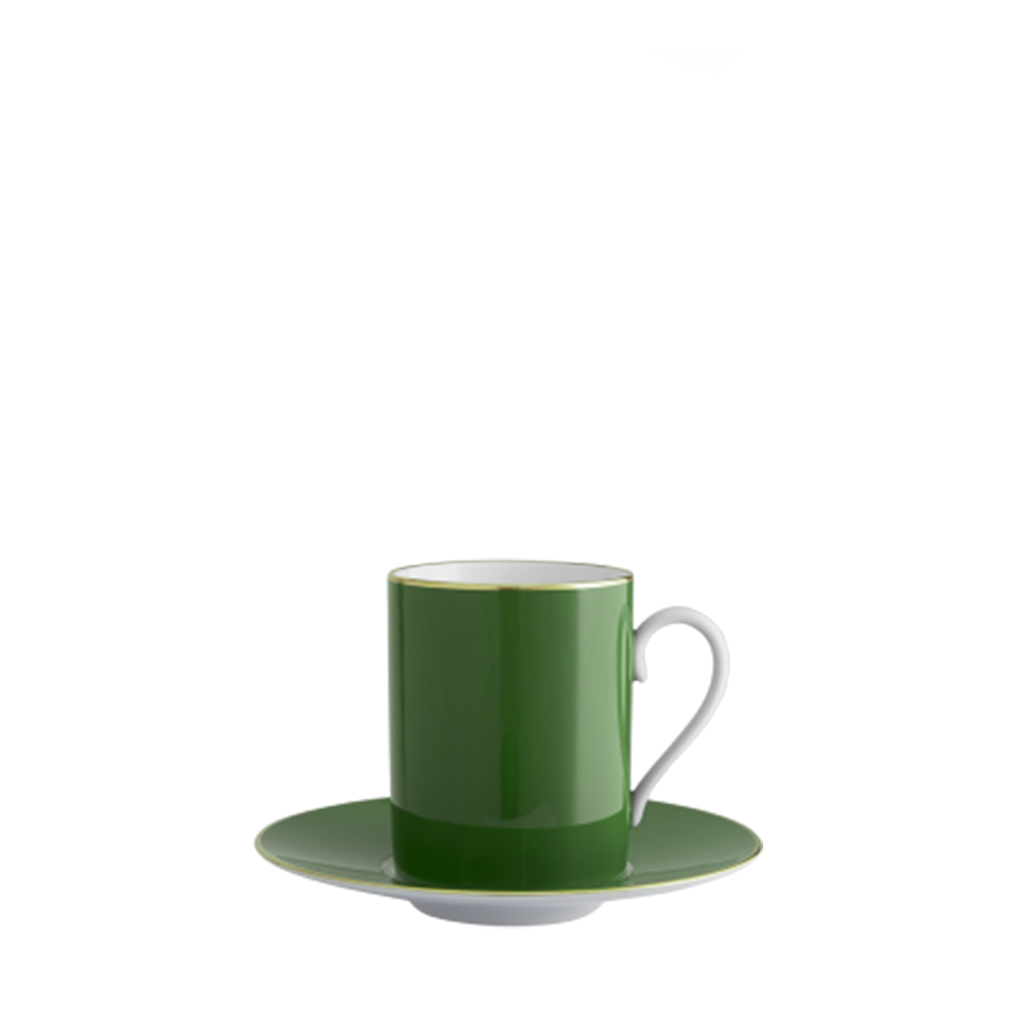 Dark green Lexington tea cup with white interior and matching saucer, glossy finish.