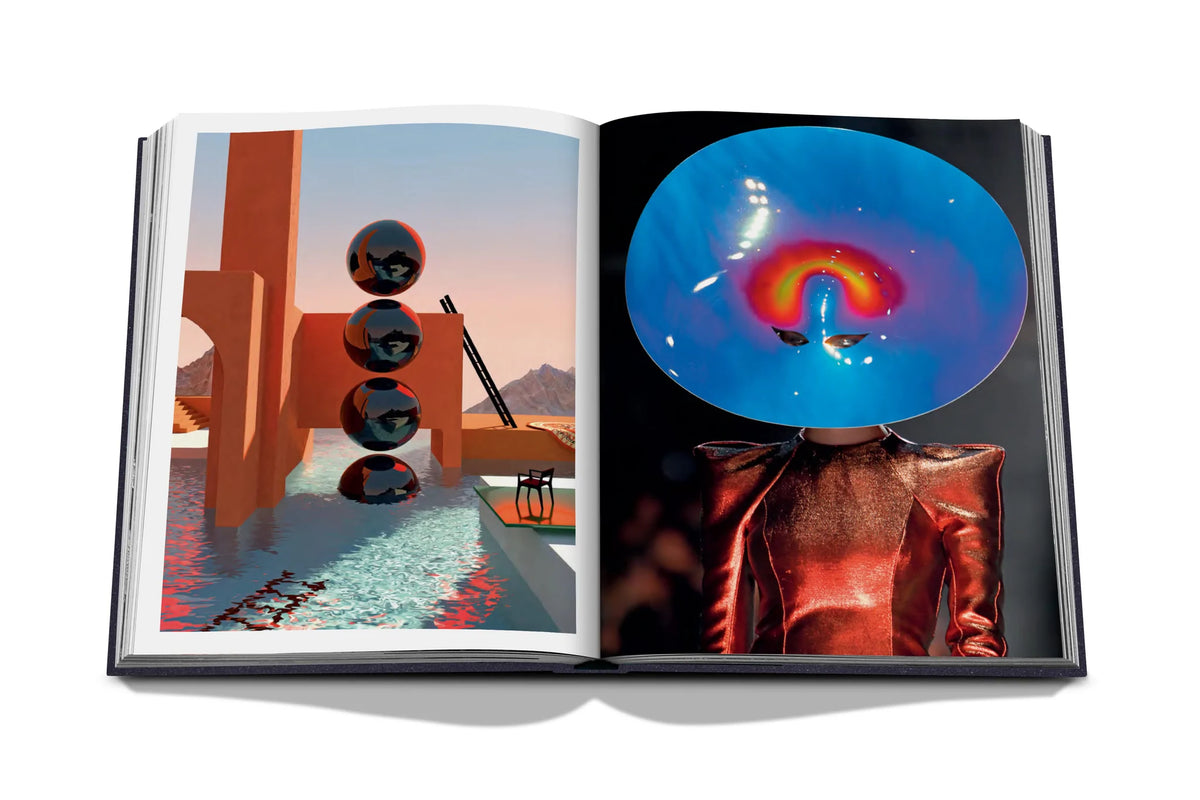 This is an image of the book opened up to two pages that have colorful, graphic images with moons