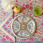 Liverpool Tablecloth styled with matching napkin and medallion plate on top