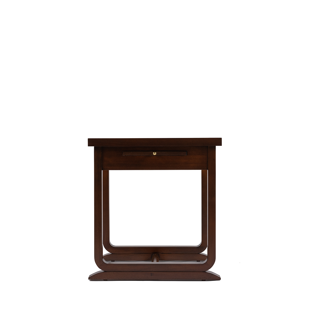 Perry side table front view, dark wood finish