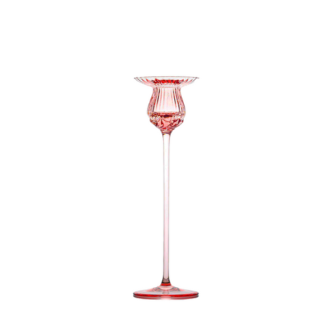 medium pink glass candlestick holder with tulip-like shape