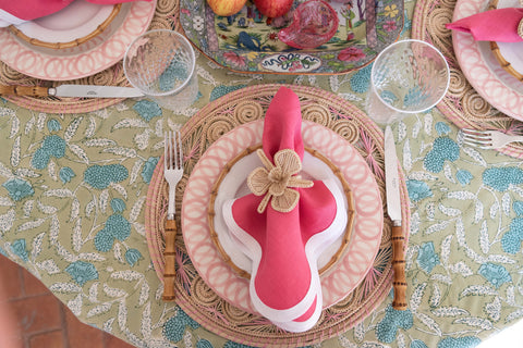 Scalloped Linen Napkin, Hibiscuis Pink with orchid napkin ring and bamboo flatware
