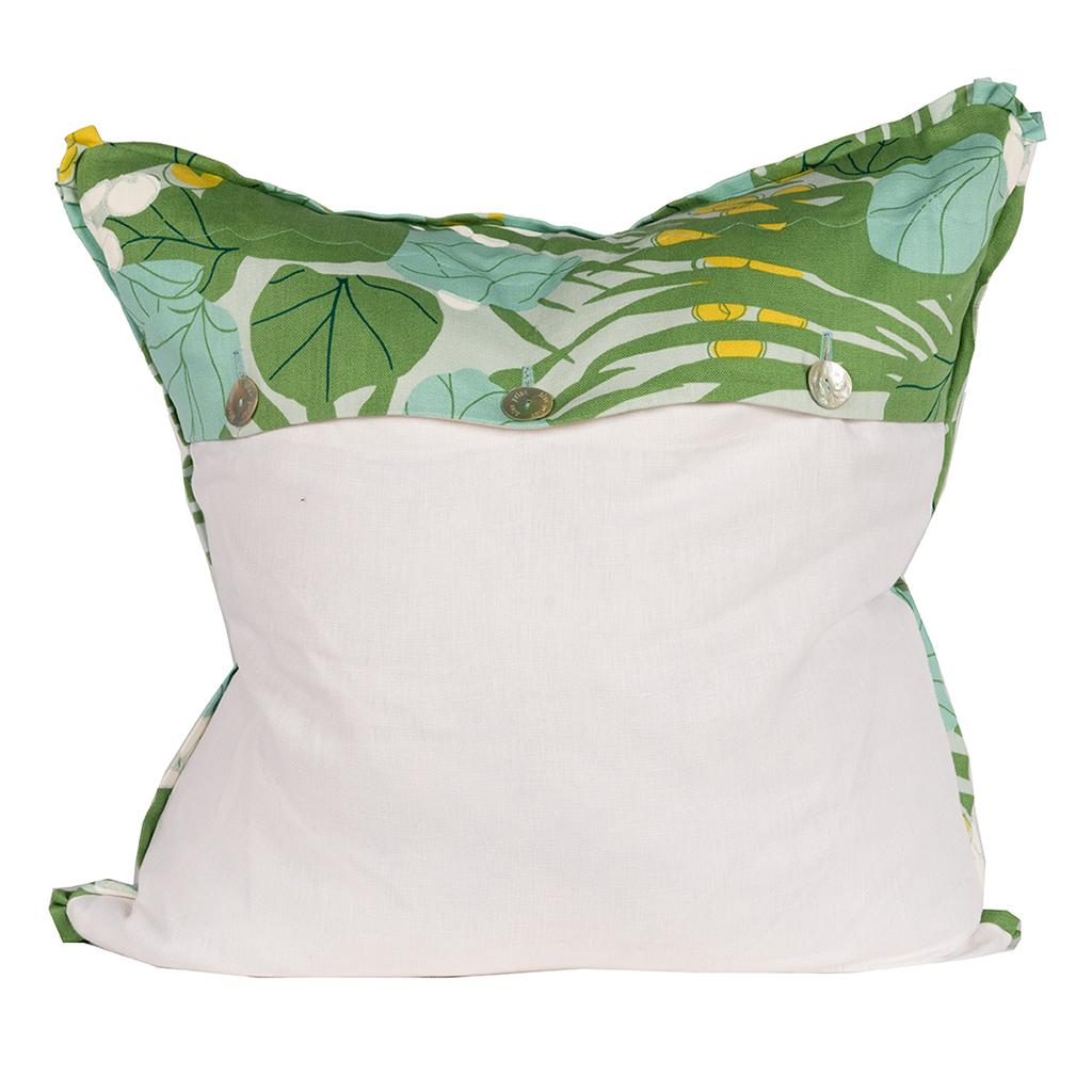 backside. top half same print as front. Bottom half white linen. mother of pearl buttons