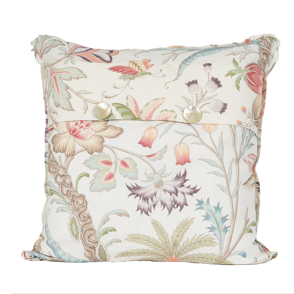 back of pillow. Same print as front with two mother of pearl buttons.