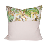 backside of pillow. Same print as front on top half and ivory/white linen on the bottom half