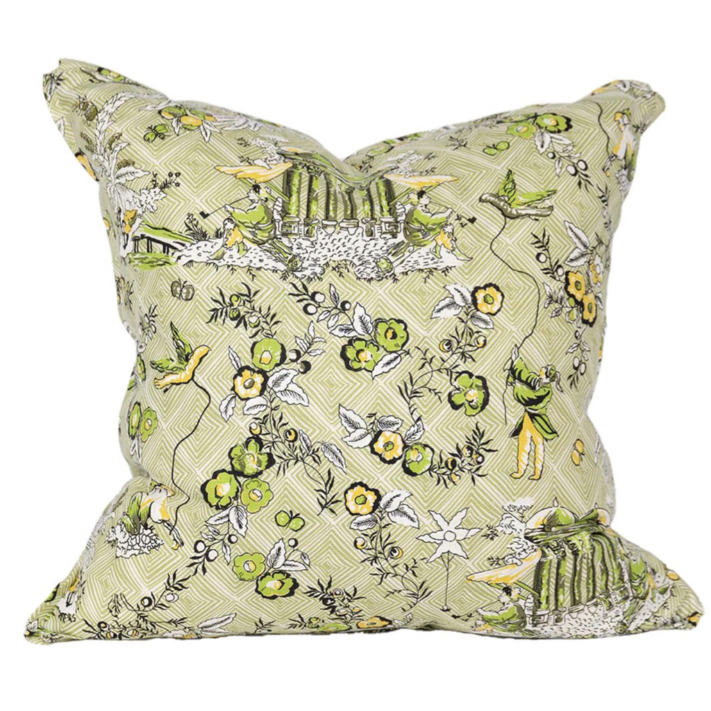 Green pillow with diamond design, green and yellow flower, green pagodas, and green and yellow people