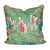Green pillow with Asian inspired design. People wearing pink and red clothes.
