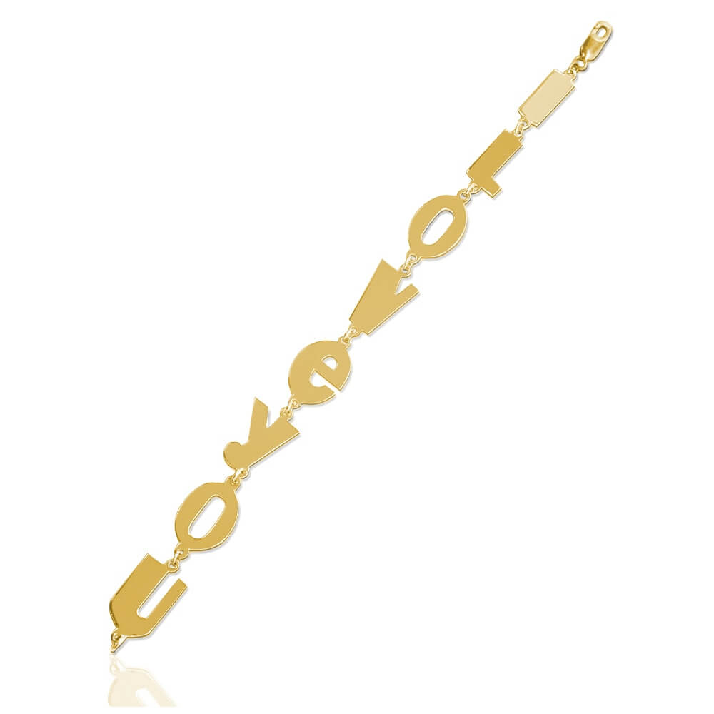 Gold bracelet spelling out "LOVE YOU" in modern block letters connected by small links.