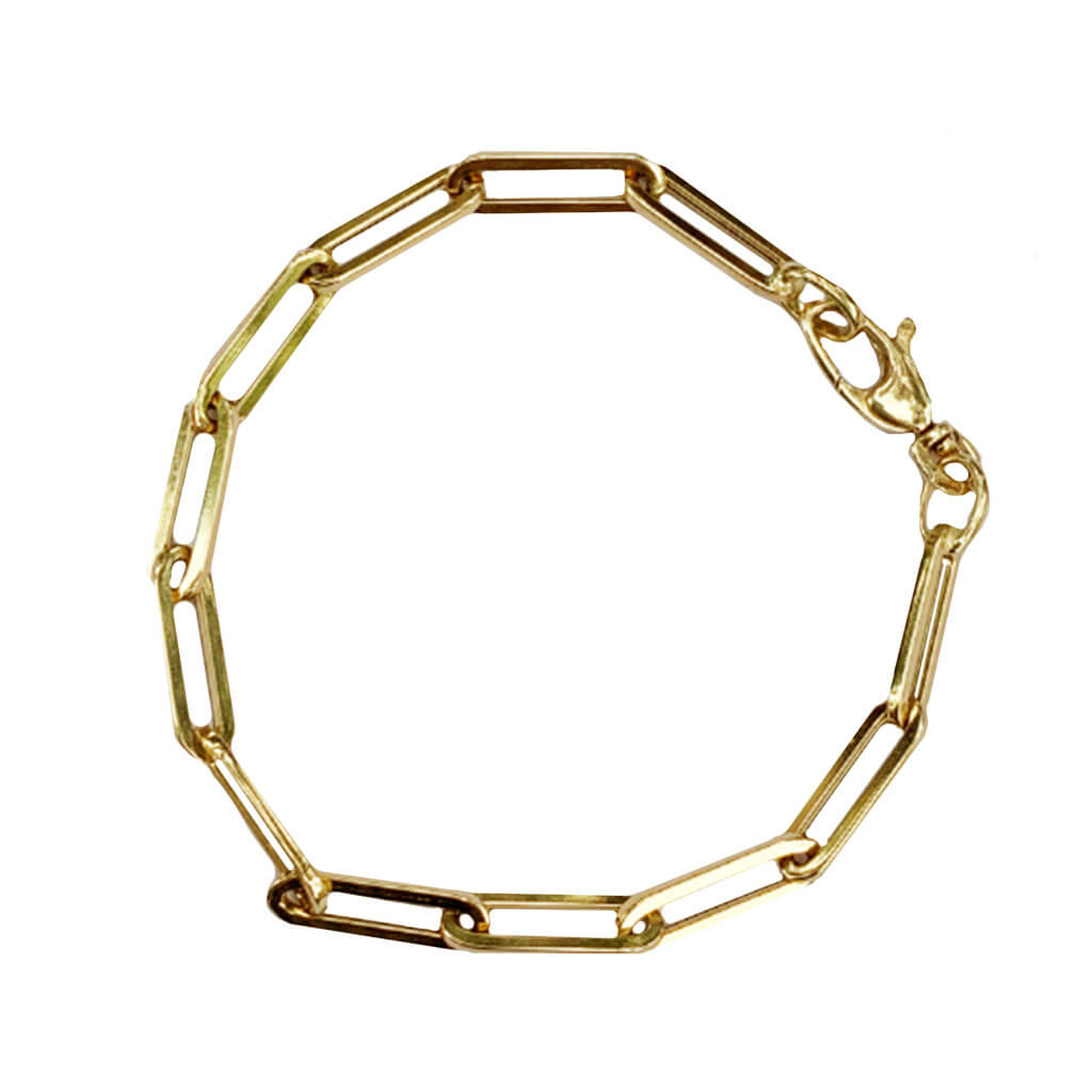Gold large paperclip chain bracelet with oval links and a lobster clasp closure.
