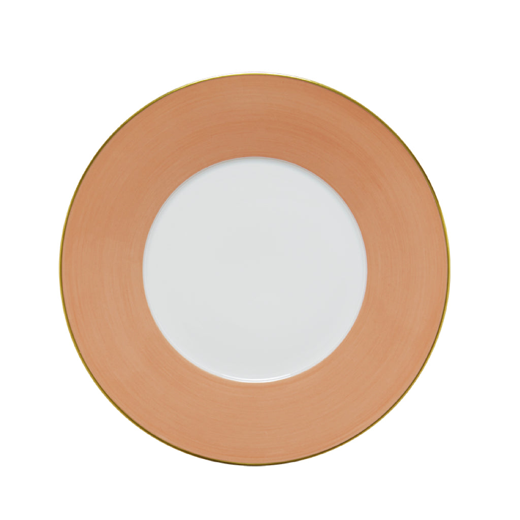 Round dinner plate with salmon-colored wide rim and white center.