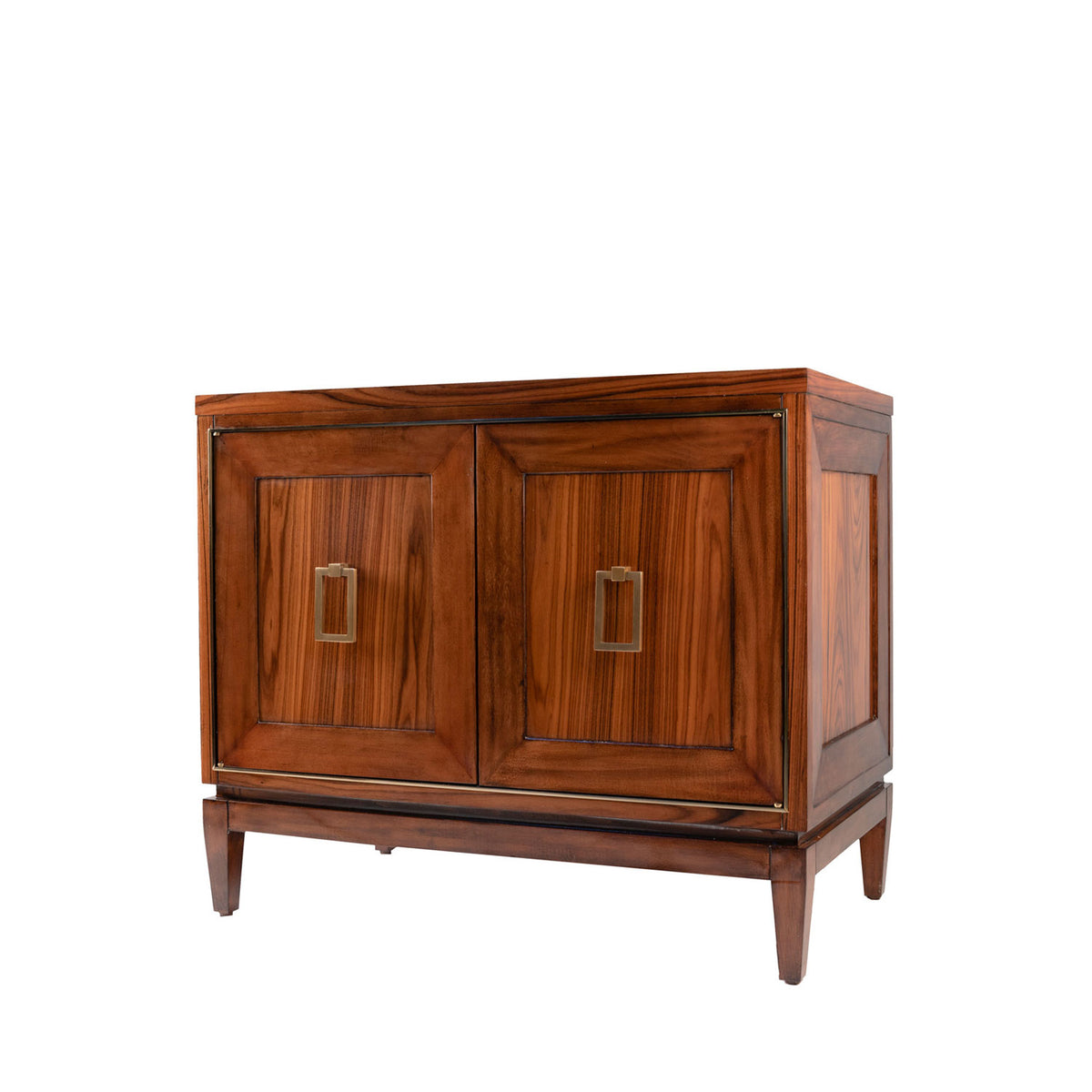 Rosewood Maris Cabinet with two paneled doors and brass handles on tapered legs.