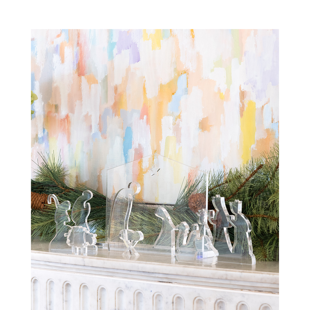 lucite nativity scene styled on mantle