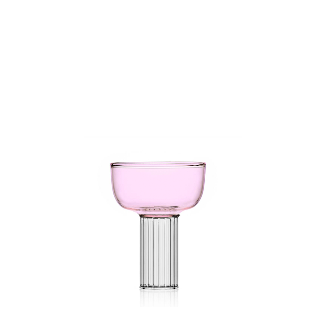 pink and clear glass champagne coupe