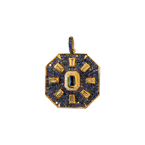 golden squared charm with royal blue gems and diamonds designed
