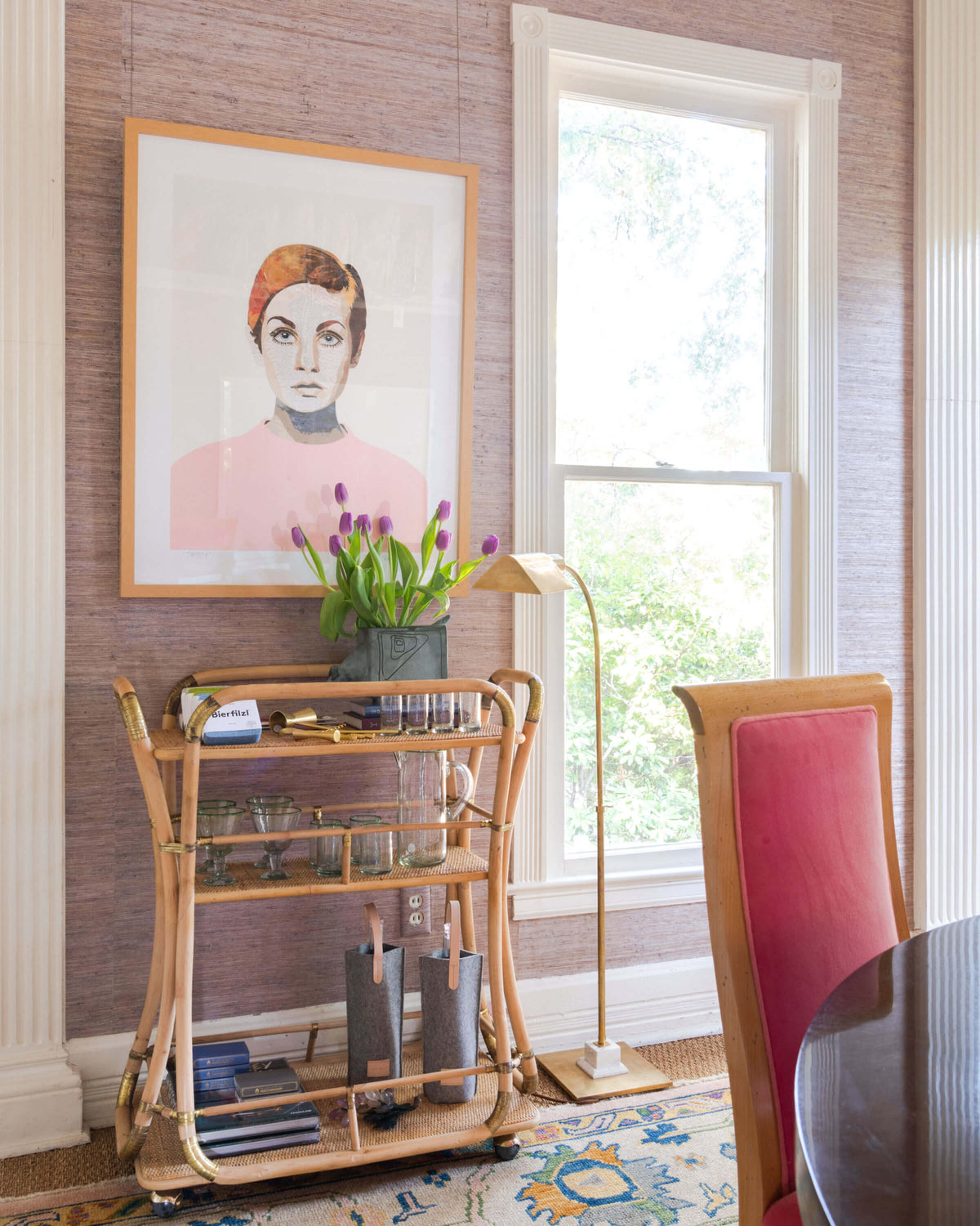 Brenda Bogart Twiggy hanging on wall above a bar cart
