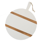 White Round Wooden Charcuterie Board with Handle and two brown wooden stripes down the center