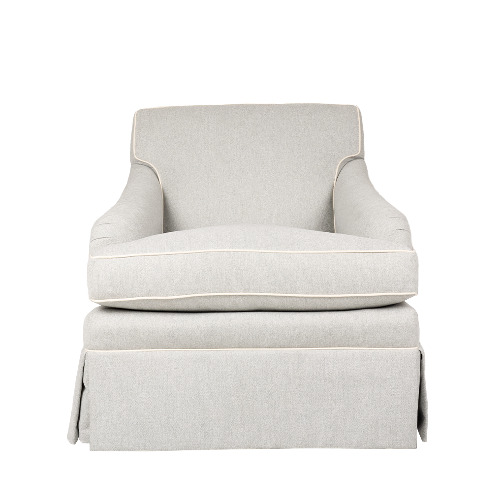 Chris chair in light gray fabric with ivory piping