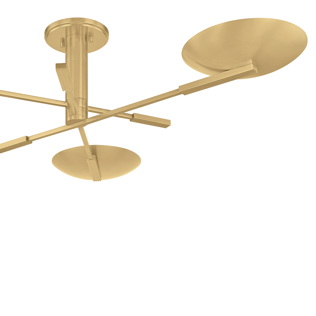 A modern ceiling light fixture in a brushed gold finish, featuring a central cylindrical column, two intersecting horizontal arms, and two circular disc-shaped shades, shown against a plain white background.