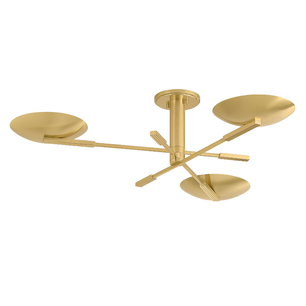 A modern three-light semi-flush mount ceiling fixture in a brushed gold finish, featuring three oval-shaped shades on angled arms against a solid white background.