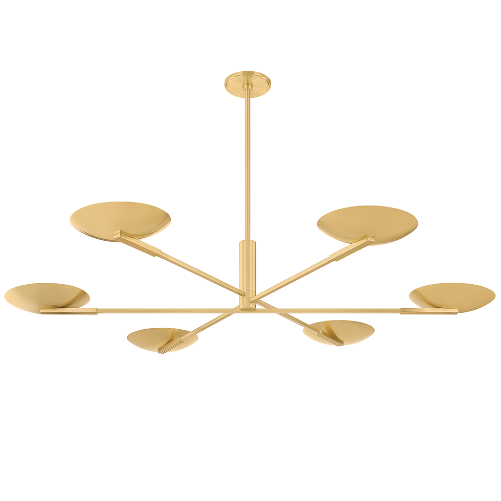 A modern six-light chandelier in a brushed gold finish, featuring a central vertical rod, a horizontal main arm, and six radiating arms ending in oval and teardrop-shaped shades, shown against a plain white background.