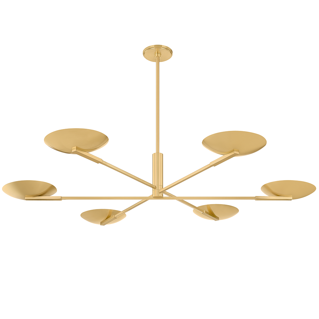 A modern six-light brass chandelier with a central downrod, vertical stem, and six radiating arms ending in circular and teardrop-shaped shades, shown against a plain white background.