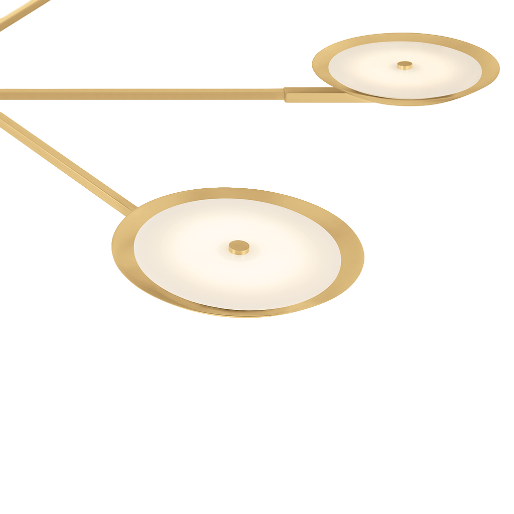 Modern linear ceiling light fixture with two circular frosted glass shades and a brushed gold finish, shown against a solid white background.