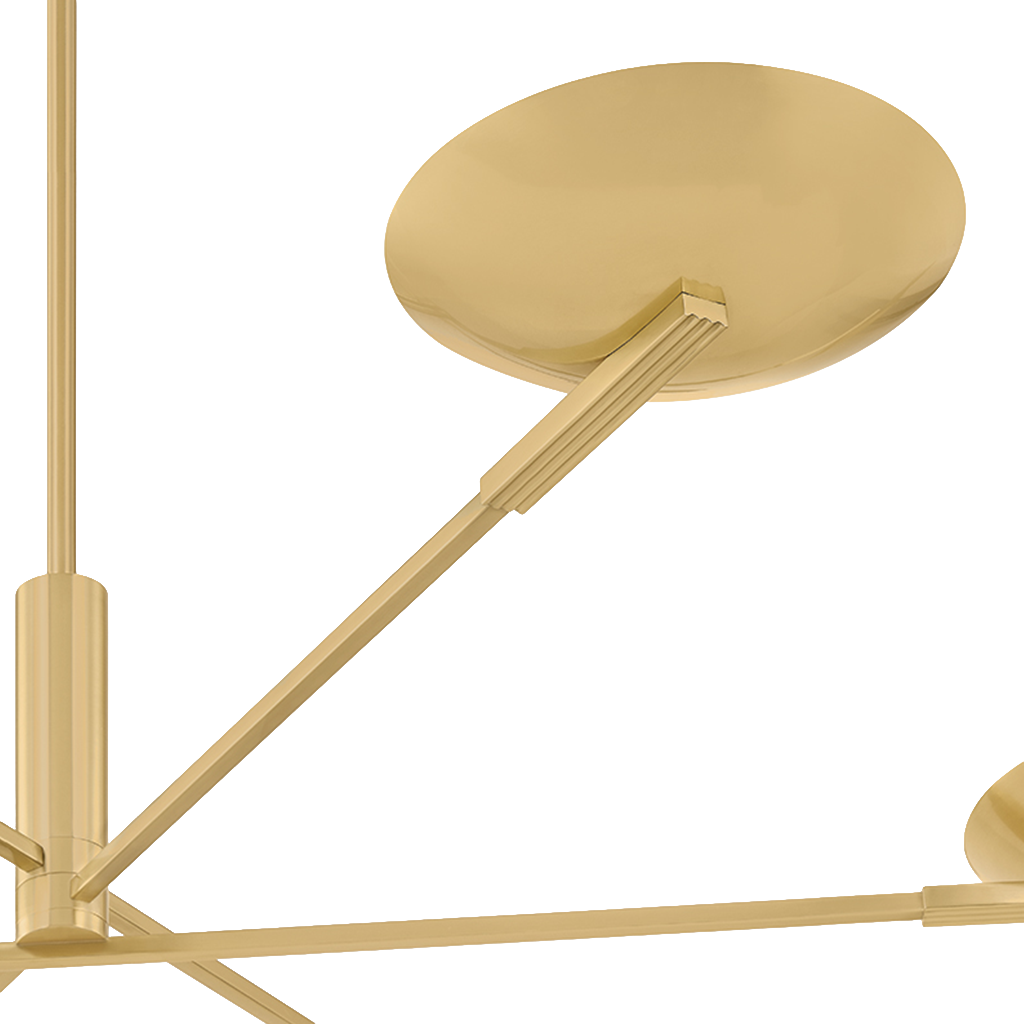 Close-up of a modern ceiling light fixture in a brushed gold finish, showing the circular ceiling canopy, mounting arm, and part of the shade against a white background.
