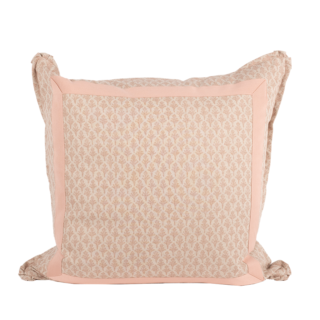 pink patterned pillow with pink trim