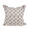 back of decorative pillow with navy flowers and lavender stripe border