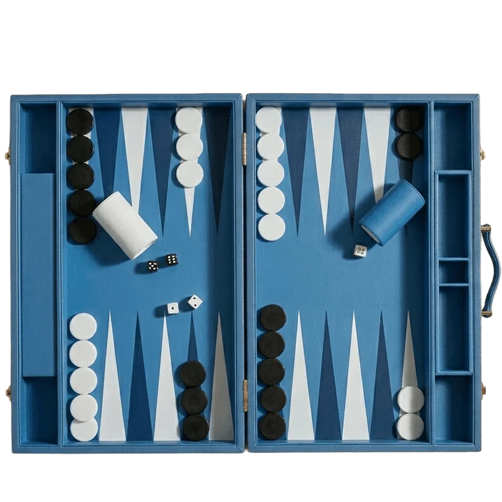 An open blue wooden backgammon set with white and black checkers, white and blue dice cups, and dice, photographed from above on a white background.