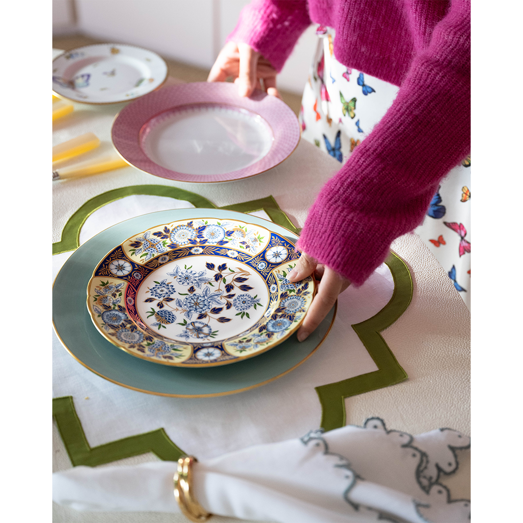 blue and gold floral plate a top table scape