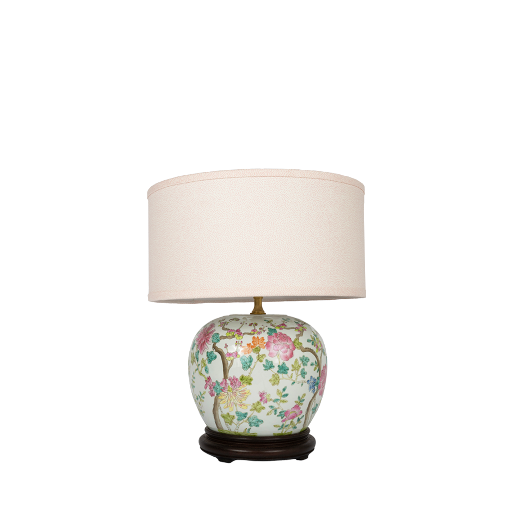 Famille Rose Jar Lamp with Custom Patterned Shade