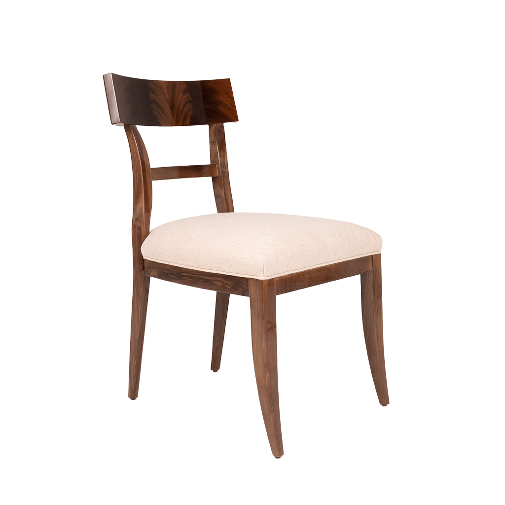 Walnut dining chair with pink subtle herringbone fabric and self-welt