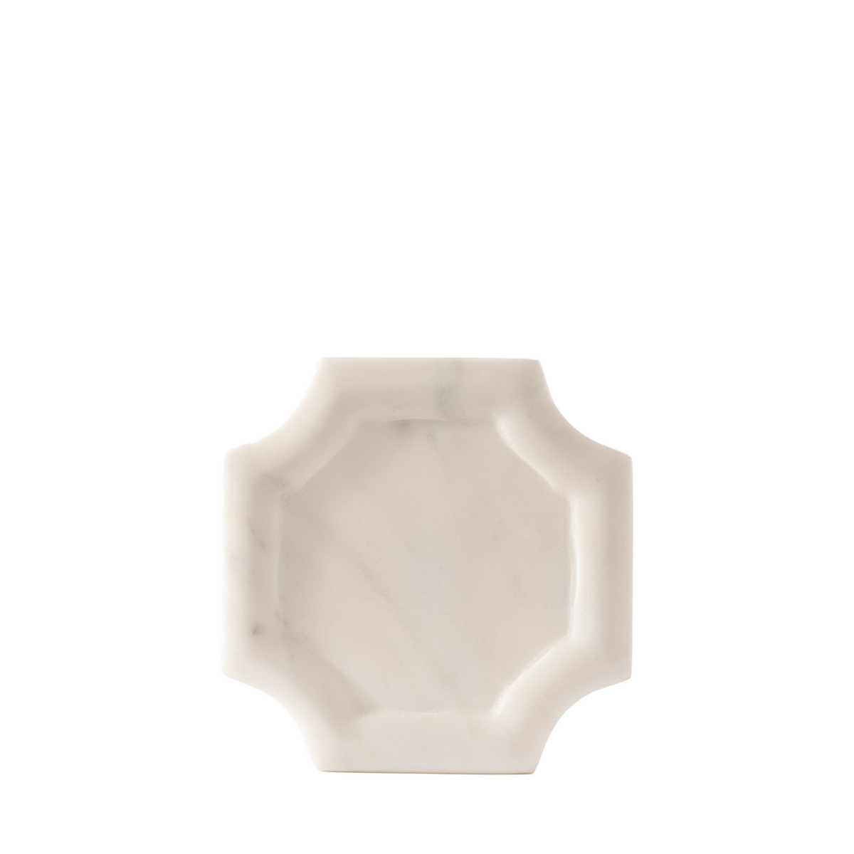 A small octagonal white marble tray with rounded corners and subtle gray veining, photographed on a seamless white background.