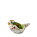 Decorative bird figurine with floral design on a white background