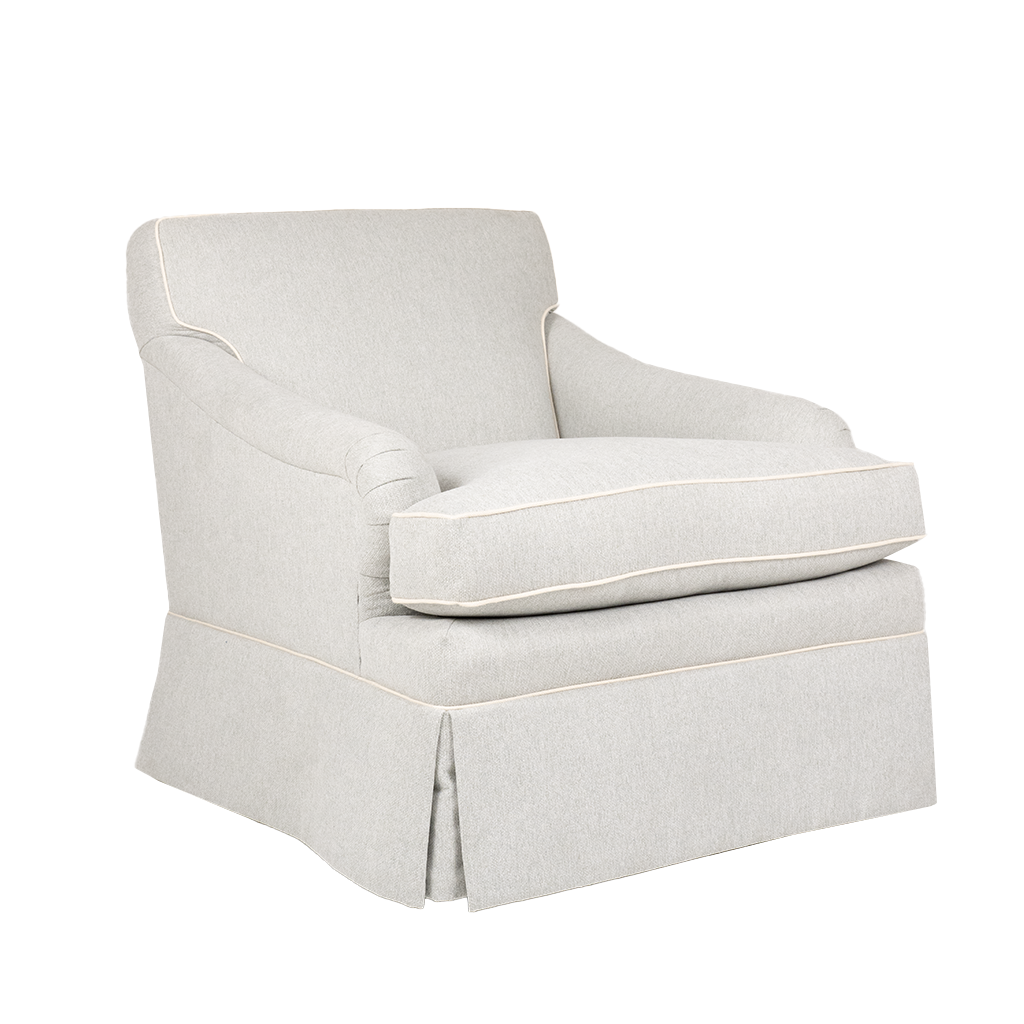 Chris chair in light gray fabric with ivory piping