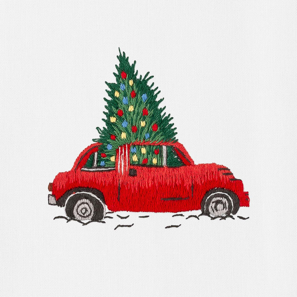 Emroidered Hand Towel, Christmas Car