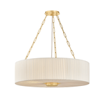 A modern drum pendant light with a pleated off-white shade and brushed gold metal hardware, suspended by three gold chains against a solid white background.