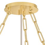 Gold pendant light fixture with a round ceiling canopy, thick paperclip-style hanging chains, and a central downrod on a white background.