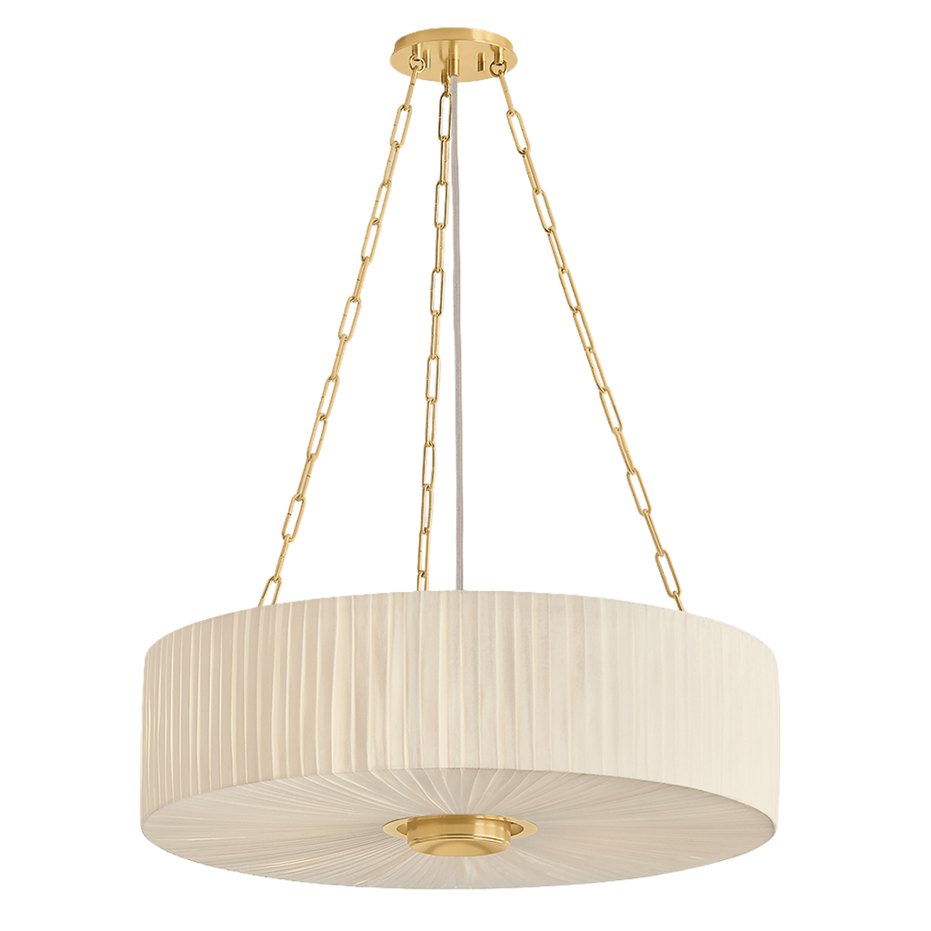 A modern drum pendant light with a pleated off-white shade and brushed gold metal hardware, suspended by three gold chains against a white background.