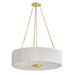 A modern drum pendant light with a white pleated fabric shade and polished gold metal hardware, suspended by gold chain links from a matching gold ceiling canopy.