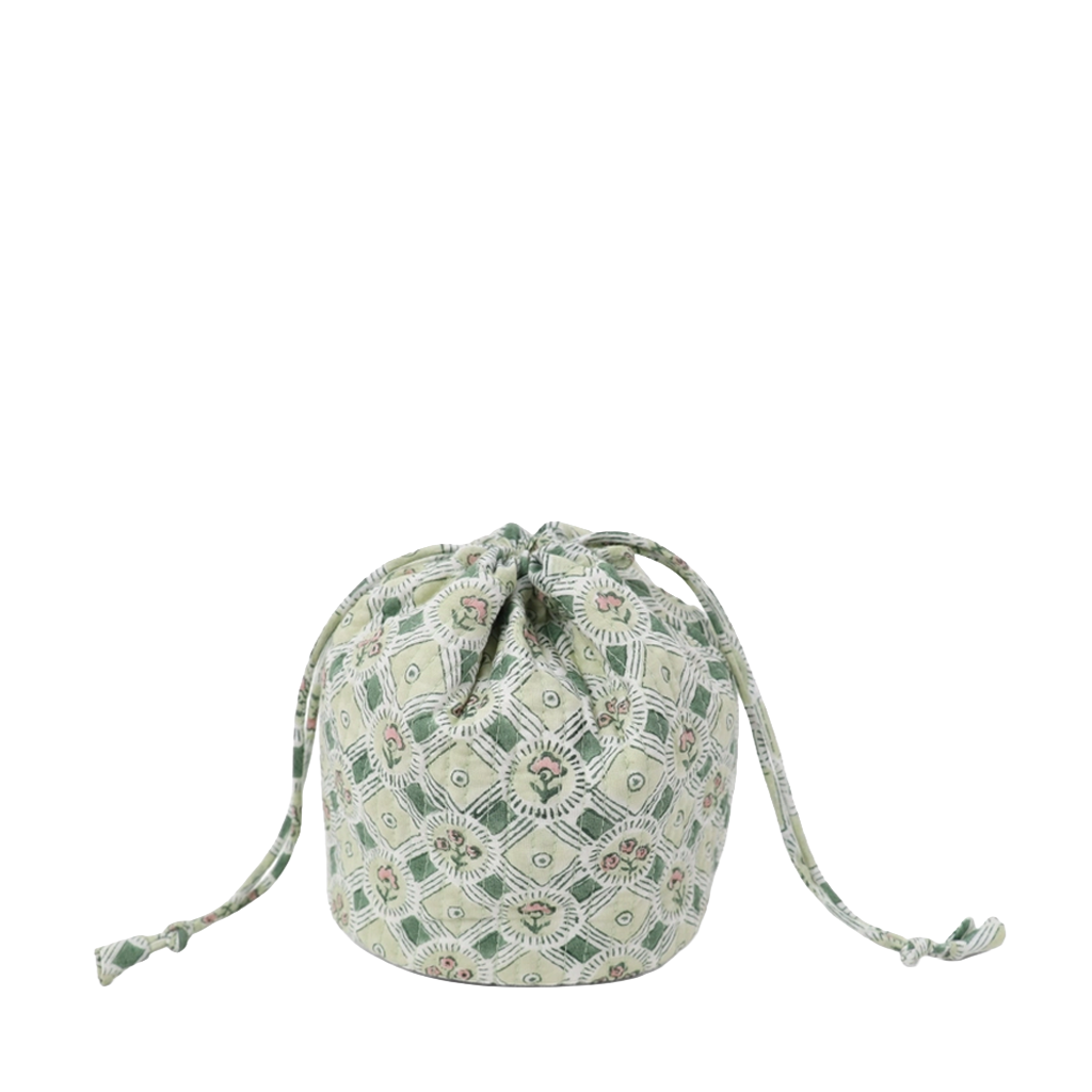 A small drawstring pouch with a light green and white geometric pattern and subtle floral details, shown against a plain white background.