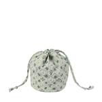 A small drawstring pouch with a light green and white geometric pattern and subtle floral details, shown against a plain white background.