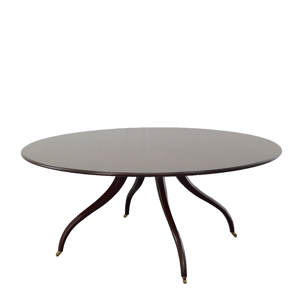 Elegant oval dining table featuring a smooth, dark mahogany finish and a slender, gently curved tabletop. The sculptural pedestal base features four gracefully curved legs with delicate brass-capped feet, creating a refined, traditional silhouette.