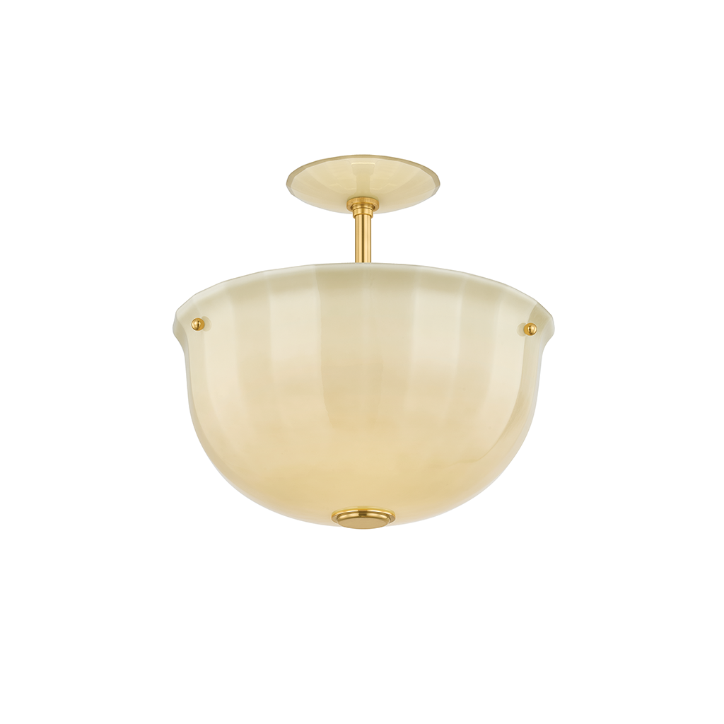 A semi-flush mount ceiling light fixture featuring a translucent cream-colored glass bowl shade and polished gold-finished metal hardware.