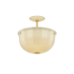 A semi-flush mount ceiling light fixture featuring a translucent cream-colored glass bowl shade and polished gold-finished metal hardware.