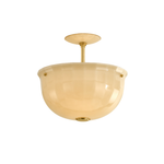 A semi-flush mount ceiling light fixture with a translucent warm cream-colored glass bowl shade and polished gold-finished metal hardware.
